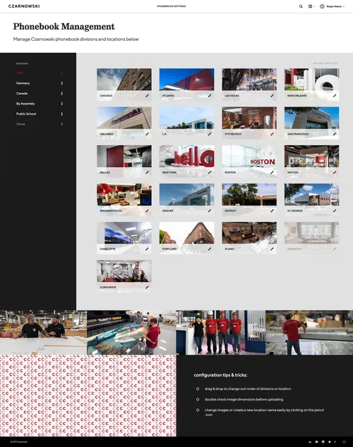 Phonebook admin dashboard for managing office locations and divisions