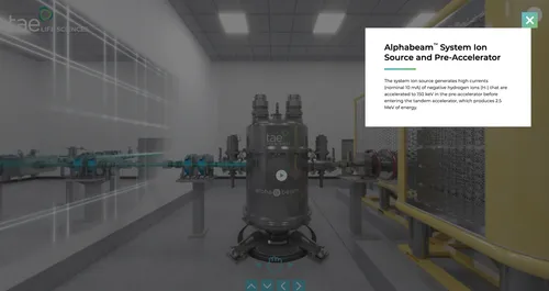 Interactive 3D walkthrough of the Alphabeam System Ion Source and Pre-Accelerator, with technical detail panel
