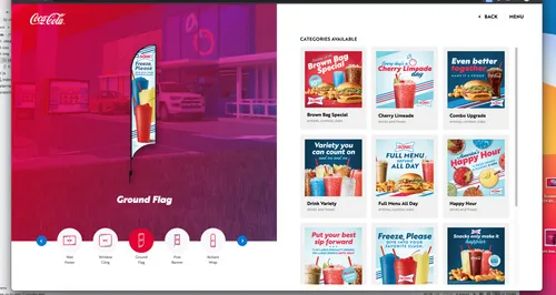 Categories available for franchise marketing materials: Brown Bag Special, Cherry Limeade, Combo Upgrade, and more