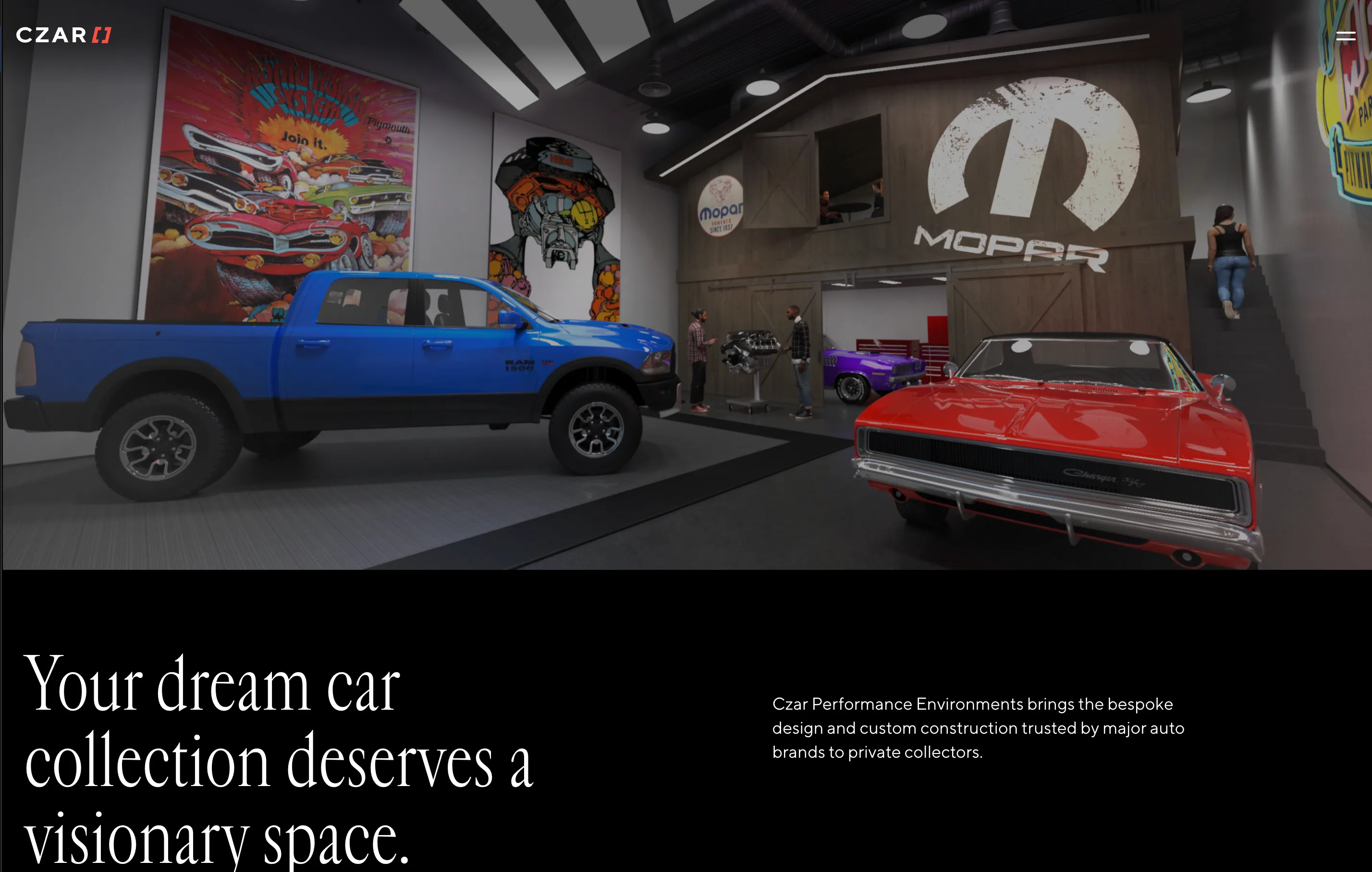 Czar Performance Environments showroom featuring a custom car collection display with branded signage