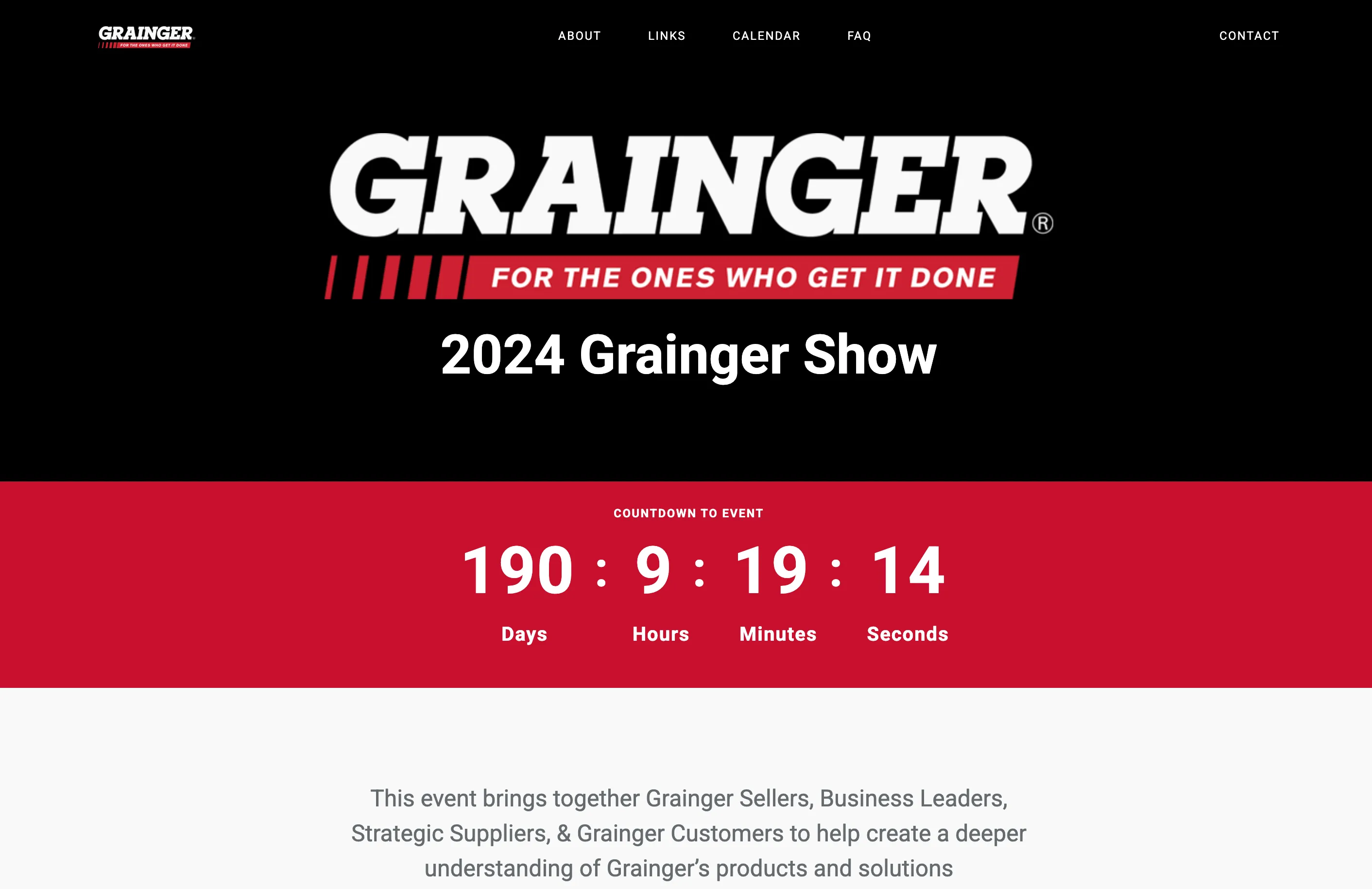 Grainger Show event countdown page with navigation for About, Links, Calendar, FAQ, and Contact
